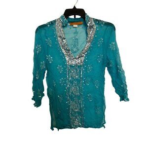 Sweet By Miss Me Womens Top Size S Embroidered Sequin Detail 100% Silk Turquoise